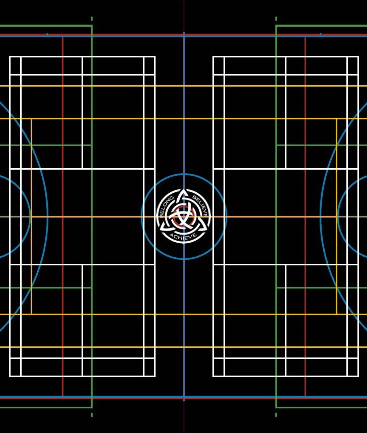Colour-coded court layout drawing showing badminton, basketball and multi-sport lines around a centre school crest