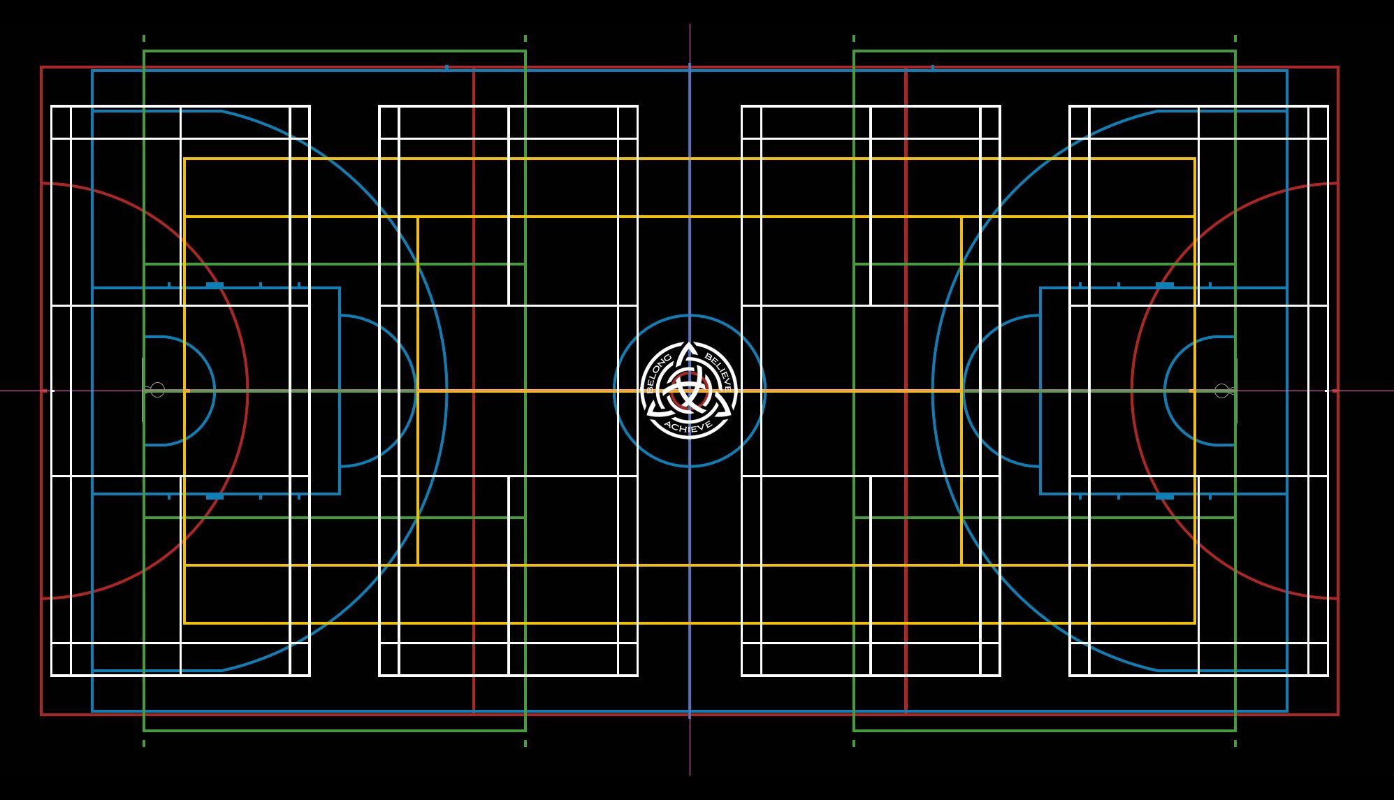 Colour-coded multi-sport court layout plan with a school crest in the centre circle