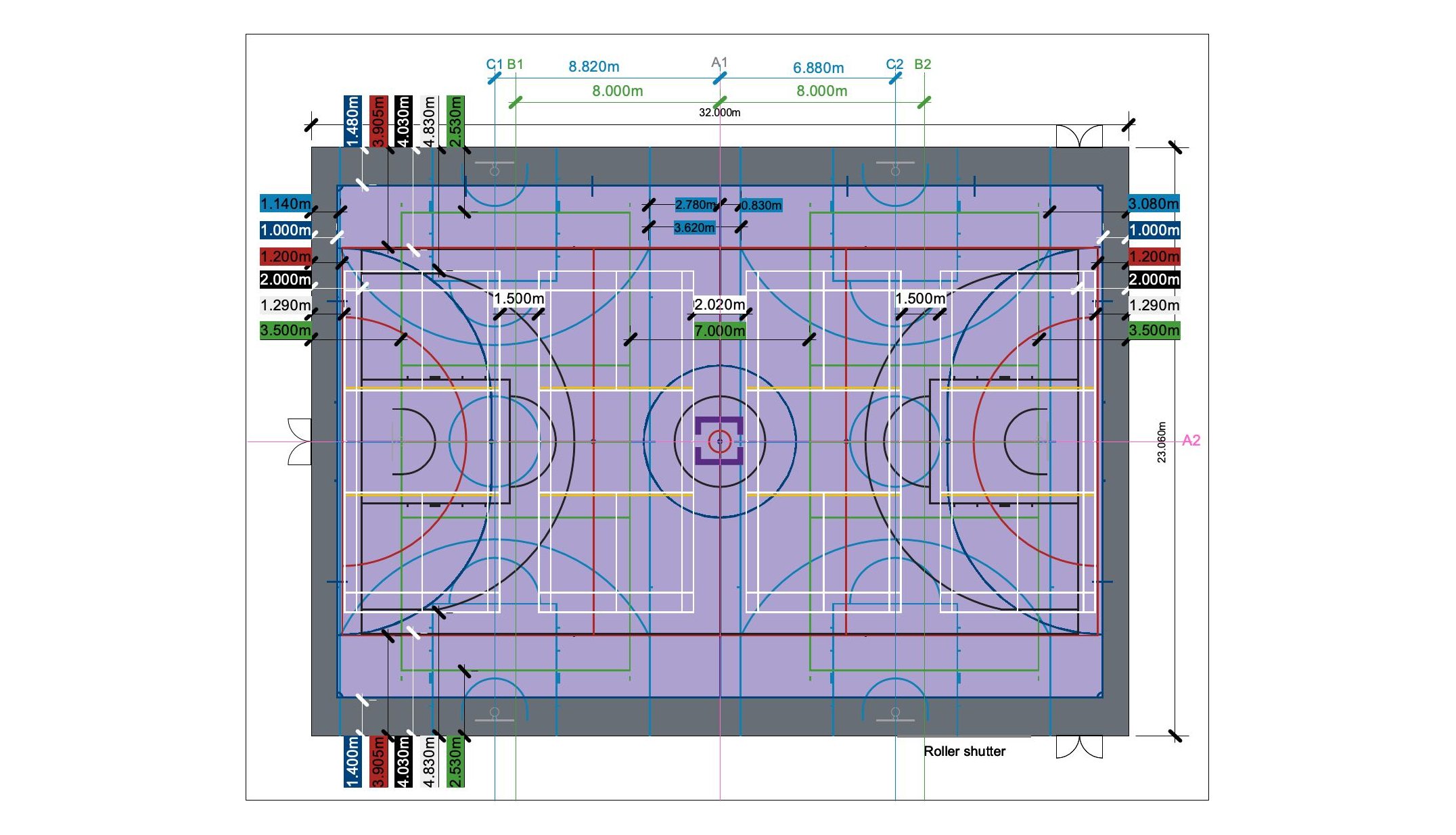 Final approved court layout drawing for South Devon College sports hall, with line dimensions
